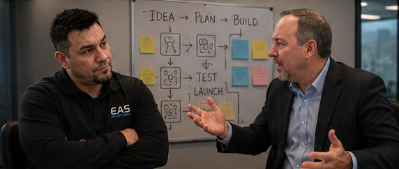 An EAS project conversation in front of an idea, plan, build, and test whiteboard