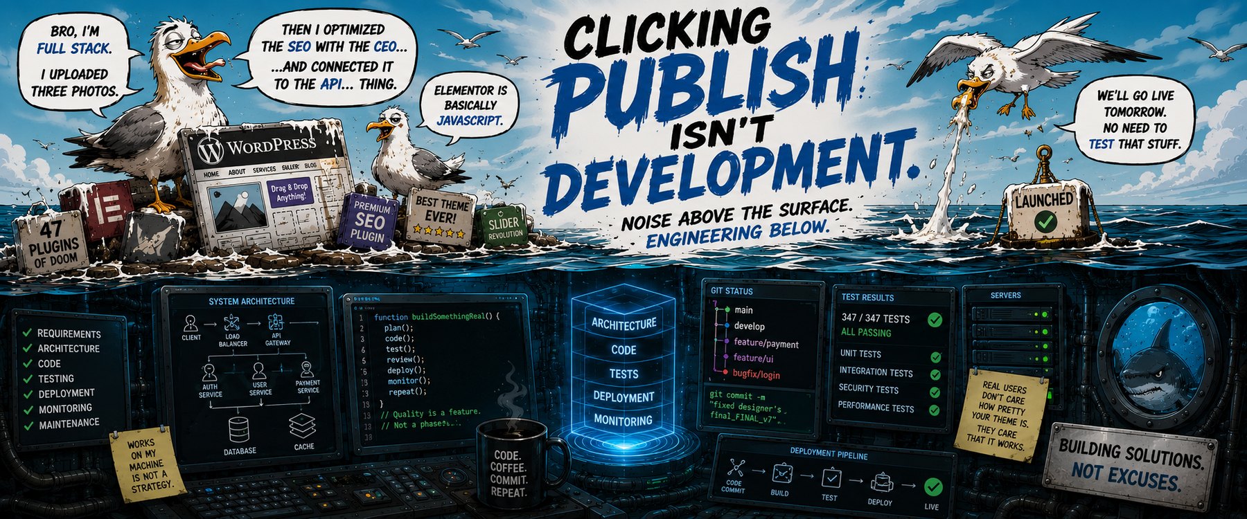 Clicking publish is not development. Noise above the surface, engineering below.