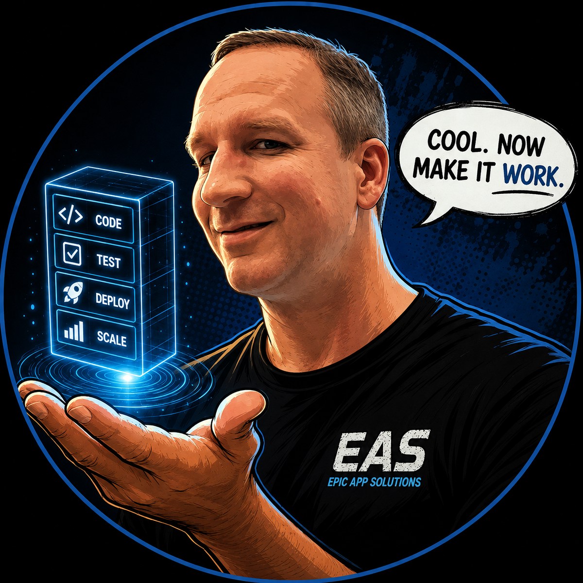 Timothy Calabro holding the code, test, deploy, scale stack with the line Cool. Now make it work.