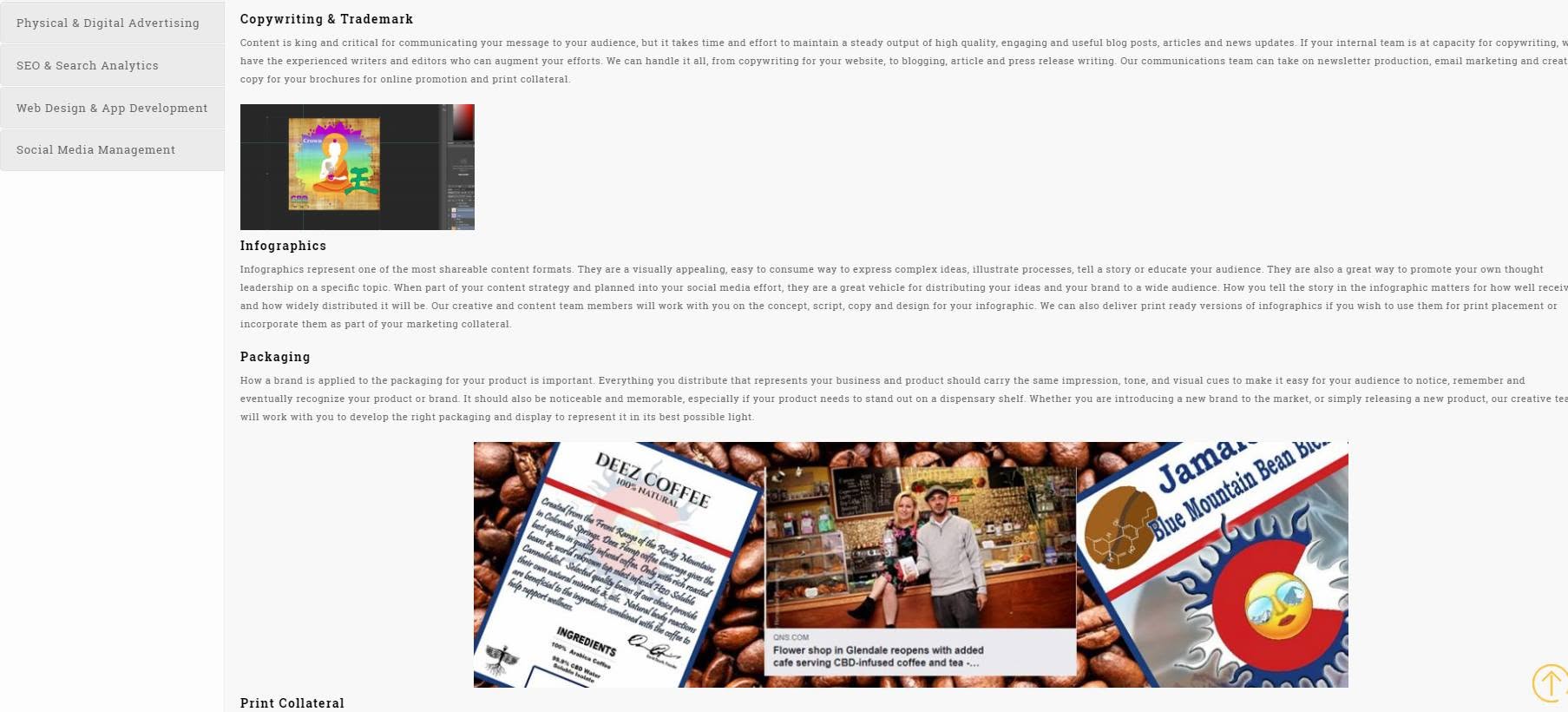 Cannabis brand and packaging services page showing design and coffee packaging work