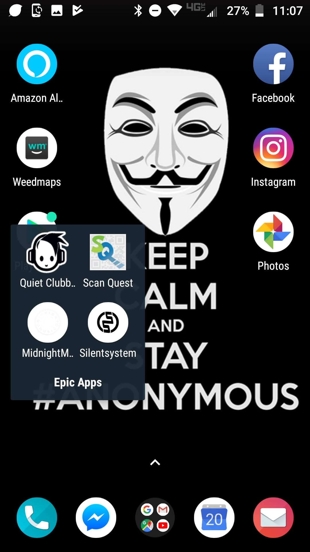 Epic Apps folder on a phone containing Quiet Clubbing, Scan Quest, Midnight Music, and SilentSystem