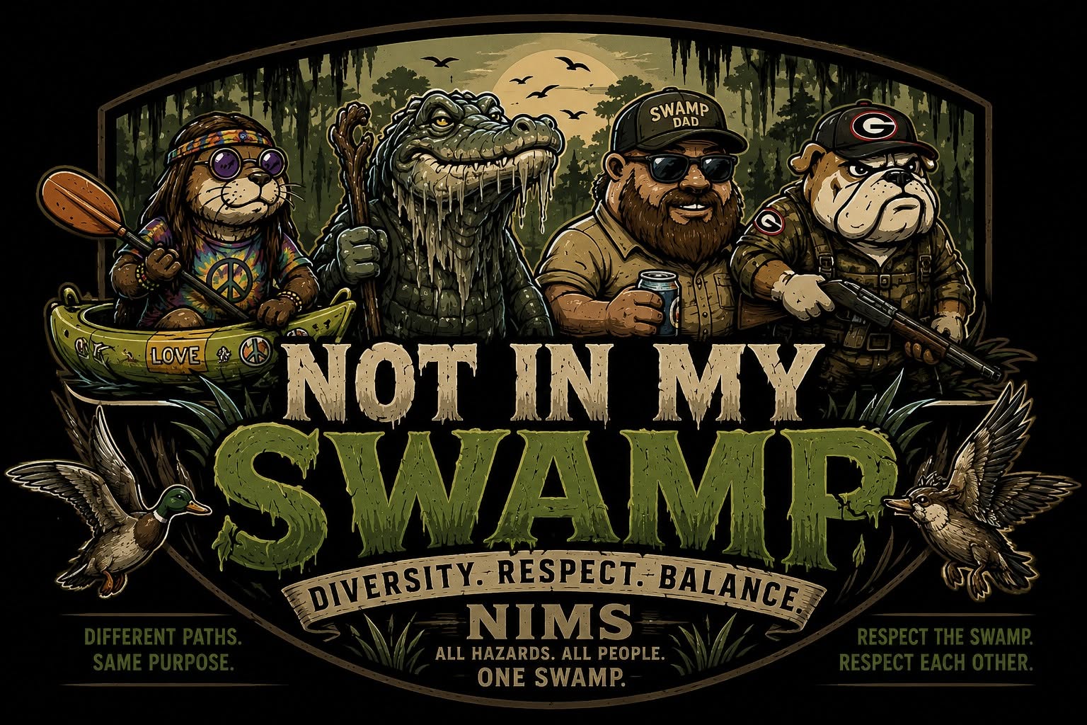 Not In My Swamp campaign artwork representing diverse people united around environmental protection