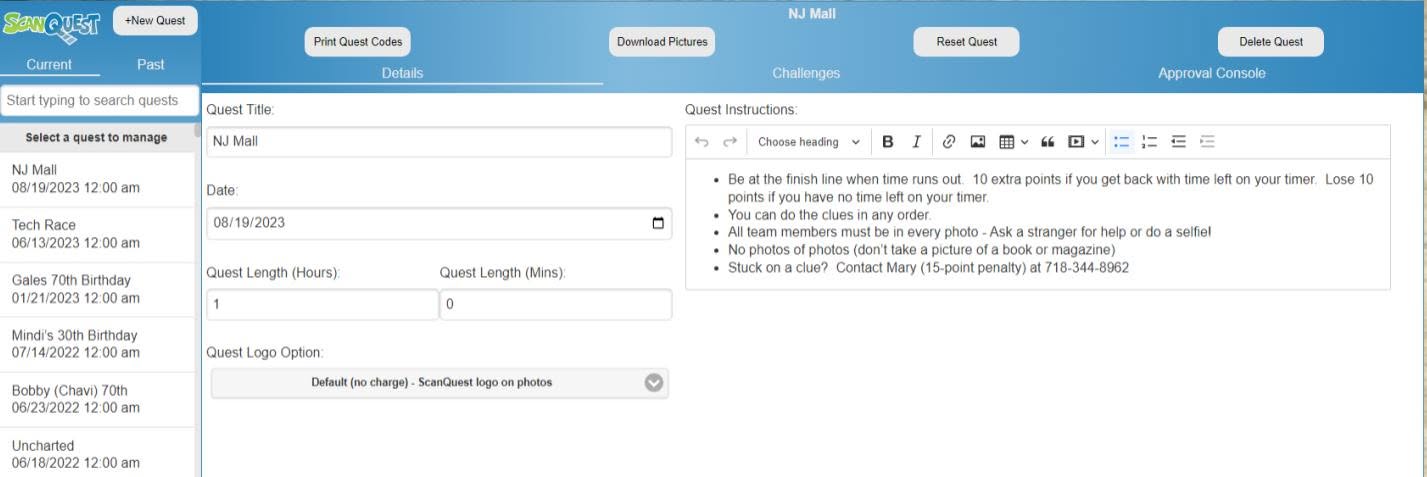 Scan Quest organizer backend showing quest details, challenges, approval console, and picture download controls